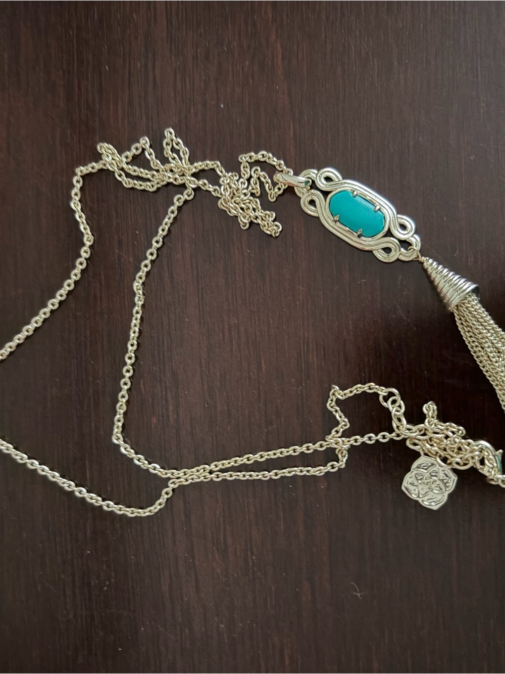 Kendra Scott Gold Long Pendant Necklace with Turquoise Stone and Tassel - Picture 4 of 5